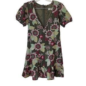 Hdye Boho Spanish Wild Flower Green Purple short Sleeve Babydoll Dress M